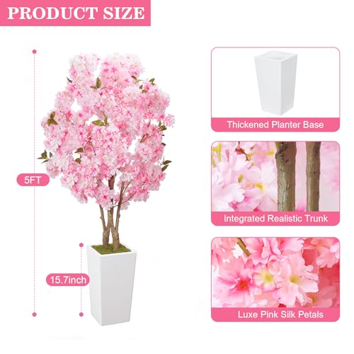 5FT Pink Artificial Cherry Blossom Tree with White Planter - Easy Setup Indoor Decor