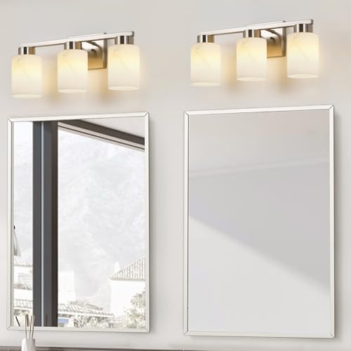 Brushed Nickel 3-Light Bathroom Vanity Light Fixture with White Marble Glass - Modern Wall Lamp
