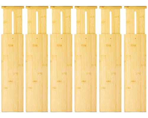 VaeFae 6 Pack Bamboo Drawer Dividers 4 Inch High, Adjustable 16.6-21.8 Inch for Kitchen, Bedroom, Bathroom, Office Storage