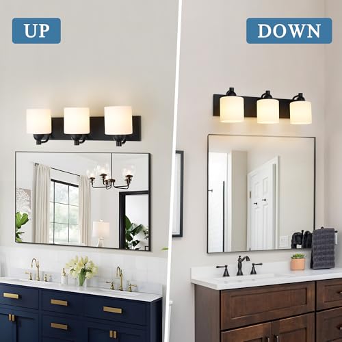 Milk Glass Vanity Wall Light Fixture - Matte Black 3-Light Bathroom Sconce - Over Mirror
