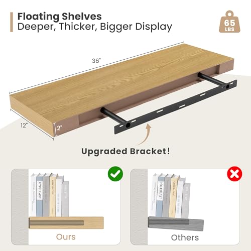 Deep Floating Wall Shelves Set of 2 - 36 x 12 Inches Oak Finish