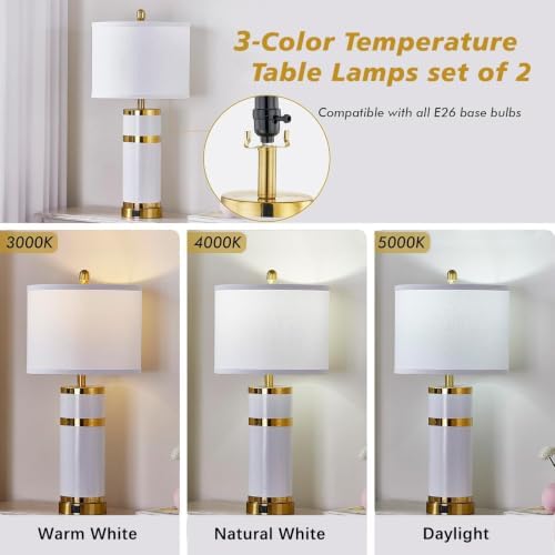 Creamy White 28-Inch Ceramic Bedside Table Lamps Set of 2 with Gold Accents