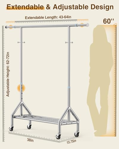 Silver Stainless Steel Clothing Rack - Heavy Duty Extendable Garment Stand with Shelves - Load 760LBS