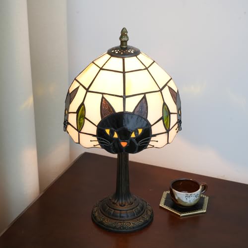 Tiffany Style Black Cat Stained Glass Table Lamp - Small Quirky Desk Light with Variation A