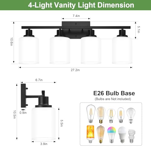 Matte Black 4-Light Bathroom Vanity Light with Milk Glass Shades - Over Mirror Fixture