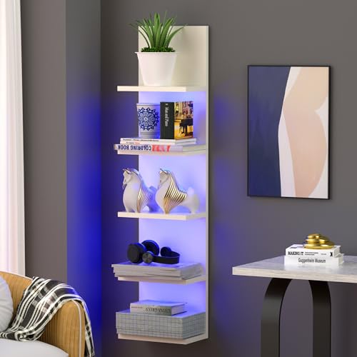RGB Light 5-Tier Wall Shelf Unit - White, Modern Floating Shelves with Remote