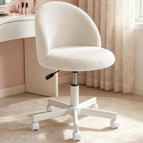 White Vanity Chair with Backrest - Girls Desk Stool, Adjustable & Swivel