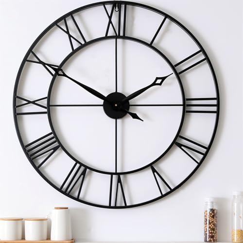 Black Roman Numeral 30 Inch Wall Clock - Large Heavy Metal Industrial Decor