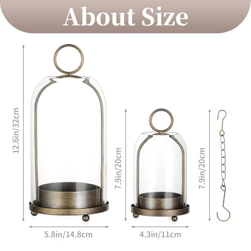 Hurricane Candle Holder Lantern Set of 2 - Rustic Metal and Glass Decor