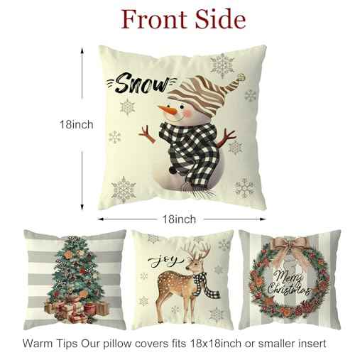 Christmas Pillow Covers 18x18 Set of 4, Decor for Sofa Couch, Indoor Outdoor Decorations, Throw Pillow Cases for Winter Xmas Holiday Farmhouse Party