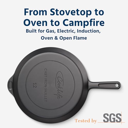 COOKLIFE 12 Inch Pre-Seasoned Lightweight Cast Iron Skillet - Smooth Finish, Oven & Grill Use