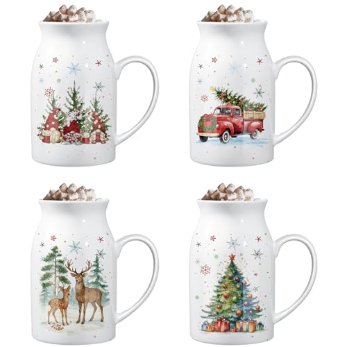 Hushee Watercolor Christmas Mug Set of 4 with Gift Box, 13.5 oz Holiday Tea Cups