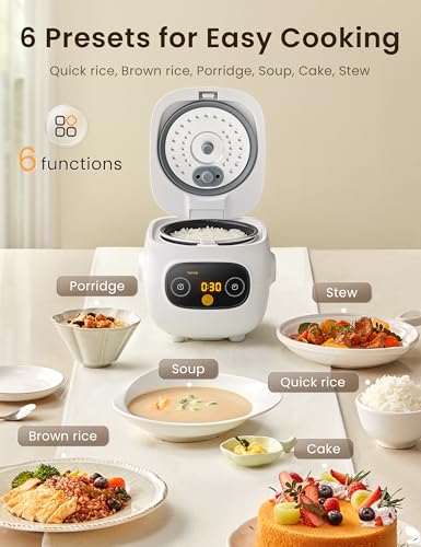 COMFEE' Mini Rice Cooker 2-Cup Capacity with 6 Cooking Functions, Fast & Easy