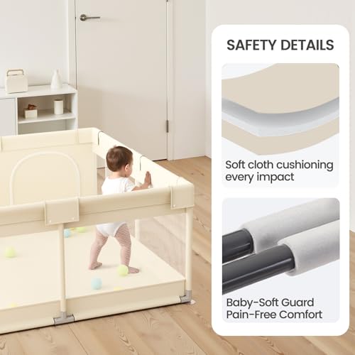 Baby Playpen 47x47 Inch with Mesh Sides, Safety Guard & Storage Pockets - Beige