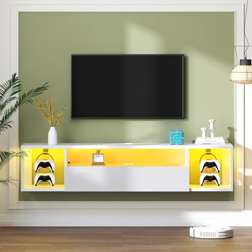 DlandHome 55.1" White Floating TV Stand with LED, Modern Wooden Entertainment Center