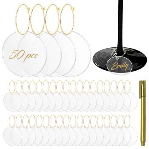 50 Pcs Wine Glass Charms - Round Acrylic Blank Wine Markers for Stem Glasses - Recognizer for Christmas, Wedding, Tasting, Party, Martini, Birthday Decorations