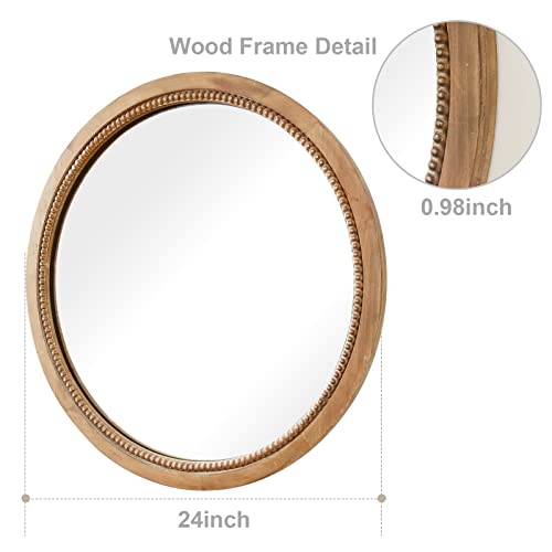 24-Inch Rustic Wood Circle Farmhouse Wall Mirror - Boho Bathroom Decor, Nature Finish