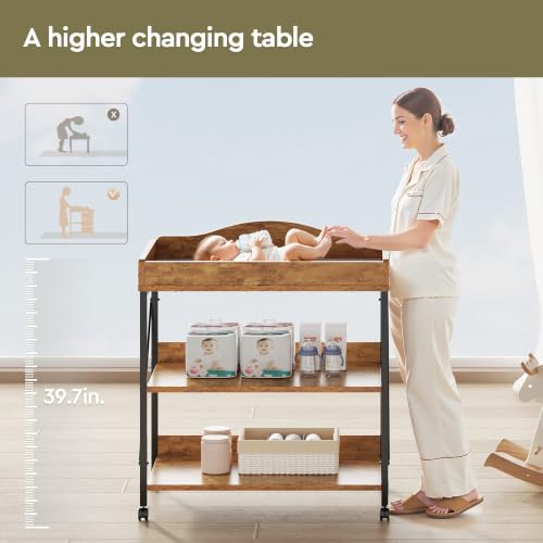 Baby Changing Table with Pad - Rustic Brown 2-Tier Diaper Station, Portable & Safe
