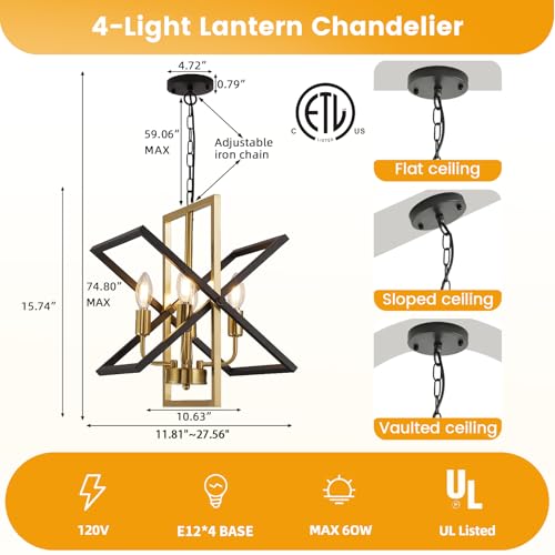 Farmhouse 4-Light Black and Gold Chandelier - Rustic Pendant Lights for Dining & Kitchen Island - Variation of Black and Gold / 4-Light
