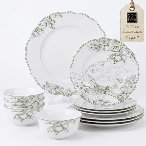 12-Piece Porcelain Dinnerware Set for 4 with Floral Design - White & Green, Chip-Resistant, Microwave & Dishwasher Safe