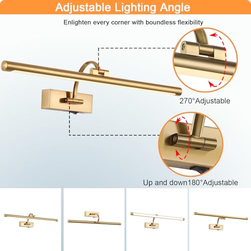Brass Rechargeable Battery Operated Picture Light with Remote - 23.6 Inch Dimmable Art Wall Sconce