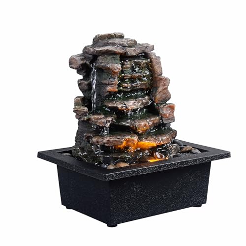 GOSSI Meditation Waterfall Fountain with LED Lights - Black Indoor Tabletop Relaxation Decor