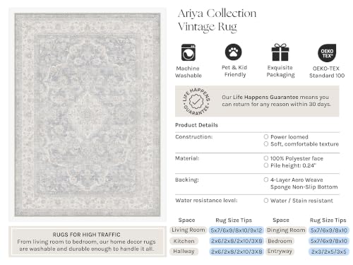 Light Blue 8x10 Area Rug for Living Room Washable Carpet - Floral Variation