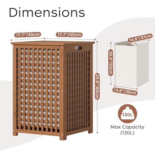 Walnut Laundry Hamper with Lid - 120L Bamboo Clothes Basket with Removable Liner