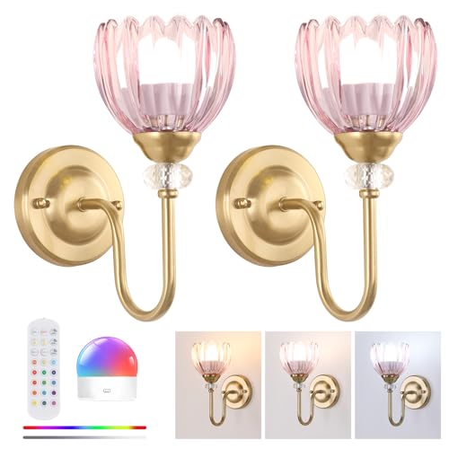 Set of 2 Pink Tulip Battery Operated Wall Sconces with Remote, Dimmable & Rechargeable 5000mAh Lights for Bedroom & Living Room