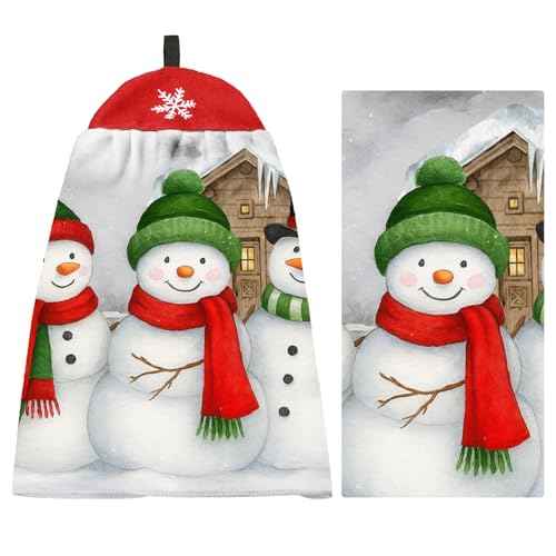 Tudomro 2 Pcs Christmas Snowman Print Kitchen Dish Towels, Christmas Hand Towels Set with Hanging Loop, Absorbent Polyester Kitchen Bundle, Winter Gifts Decoration for Family, 15 x 24 Inches