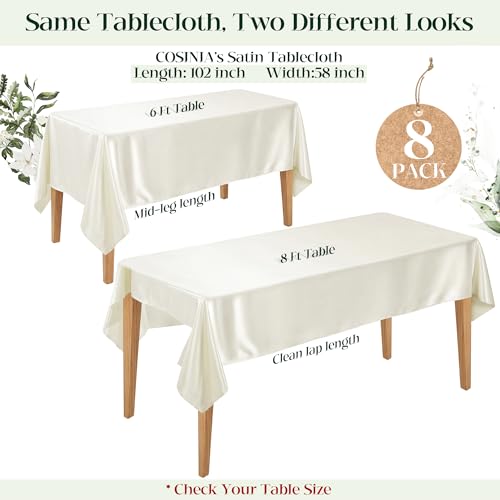 Ivory Satin Tablecloth 58x102 Inch Set of 8 - Elegant Seamless Overlay for Weddings & Events