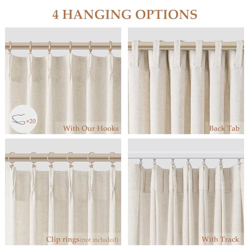 Aersas Natural Linen Curtains 108 Inch Pack of 2 - Cream Pinch Pleated Semi Sheer Drapes for Living Room & Bedroom, 40"W x 108"L