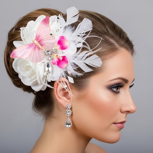 12PCS Pink Real Feather Butterfly Decorations with Clips, Sticks & Adhesive Dots, Handmade 3.9x2.4inch Cake Topper, Wall Decor, Hair Clip, Gift for Wedding Birthday Graduation