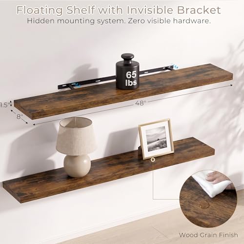 Vivelove Set of 2 Rustic Brown Floating Wall Shelves 48 x 8 Inches