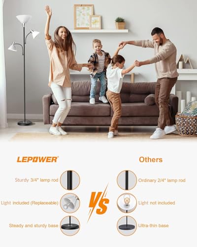 LEPOWER Floor Lamp with 3 Heads and Replaceable 3000K LED Lights – Adjustable Standing Lighting