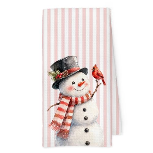 Preppy Christmas Cardinal Snowman Kitchen Hand Towels - Pink, 16x24 in