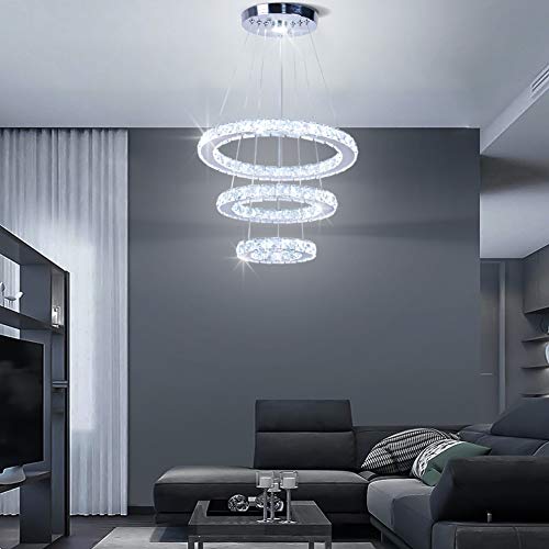 Diisunbihuo 3-Ring LED Crystal Chandelier for Dining Room Silver, Cool White Variation