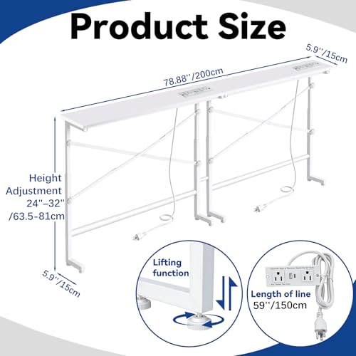 White Narrow Behind Couch Table with 2 USB-C & 4 AC Outlets - 78.8 Inch