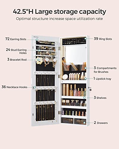 SONGMICS White 42.5-Inch Lighted Jewelry Armoire Mirror Wall or Door Mount