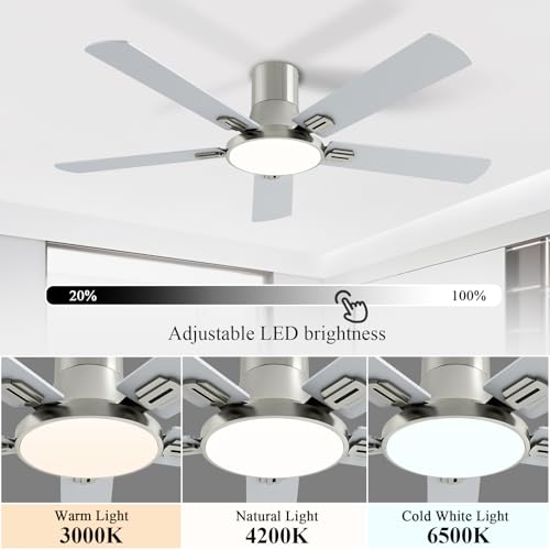 52 Inch Brushed Nickel Ceiling Fan with Lights and Remote - Flush Mount, Reversible DC Motor, Quiet & Dimmable
