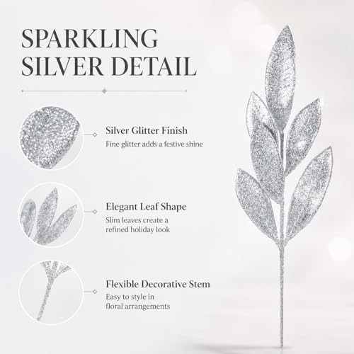 Rainflow Silver Glitter Artificial Leaf Picks 30PCS for Holiday Decor