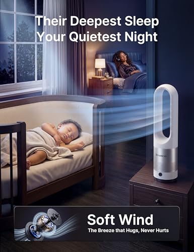 Senmeo 22-Inch Bladeless Tower Fan with Remote Control, 8 Speeds, 9-Hour Timer - White + Silver