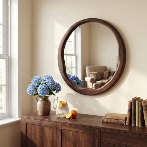 Dark Walnut 24-Inch Round Wood Wall Mirror - Asymmetrical Inner Edge - Solid Wood Frame