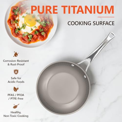 Lvmol 8-Inch Titanium Frying Pan with Lid - No Coating, PFAS-Free, Induction & Dishwasher Safe