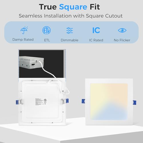 White 12 Inch Square LED Recessed Lighting Kit - 24W, 5 CCT, Ultra-Thin, Dimmable