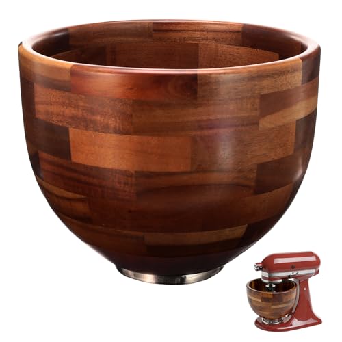 Wood Mixing Bowl for KitchenAid 5QT - Acacia Wooden Batter & Dough Bowl with Stainless Steel Locking Base