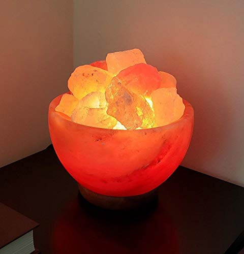 Himalayan Salt Lamp Bowl with Crystal Chunks & Wooden Base - Relaxing Amber Glow