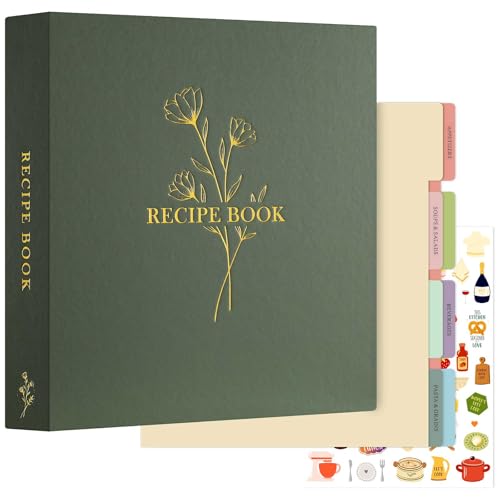 Lanpn Recipe Binder - 8.5x11 Green Waterproof Organizer with 60 Sleeves & Dividers