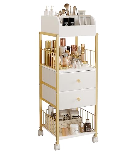 Makeup Organizer Storage Cart with Drawers - Gold, Large Capacity & Rotating Casters