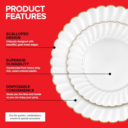 Disposable Ivory & Gold Scalloped Plastic Plates - Heavy Duty 100 Pack - Elegant Holiday & Party Dinnerware